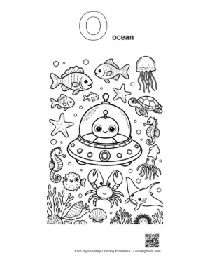 Thumbnail: Little Alien Swimming with Ocean Fish Printable Outline Alphabet O Ocean