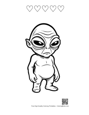 Thumbnail: Little Green Alien Standing Grumpily Printable and 5 Heart Outline