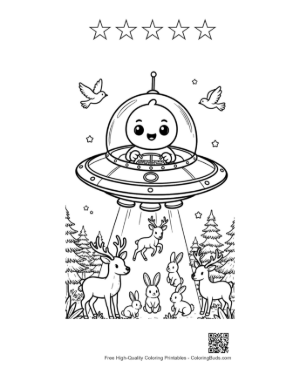 Thumbnail: Sci-Fi Spaceship Visiting Forest Deer Printable and 5 Star Outline