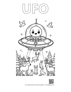 Thumbnail: Sci-Fi Spaceship Visiting Forest Deer Printable Outline Alphabet UFO