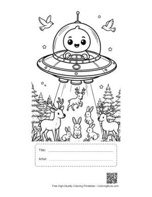 Thumbnail: Sci-Fi Spaceship Visiting Forest Deer Printable with Title and Artist Box