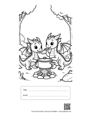 Thumbnail: Adorable Dragon Duo Preparing Meal Printable with Title and Artist Box