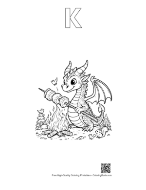 Thumbnail: Adorable Fire Dragon Camping by a Bonfire Printable Outline Alphabet K