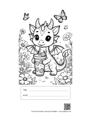 Thumbnail: Adorable Fire Dragon with a Summer Drink Printable with Title and Artist Box