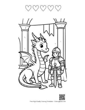 Thumbnail: Baby Dragon and Tiny Knight Hero Posing Printable and 5 Heart Outline