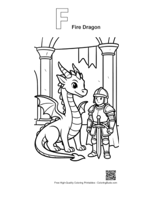 Thumbnail: Baby Dragon and Tiny Knight Hero Posing Printable Outline Alphabet F Fire Dragon