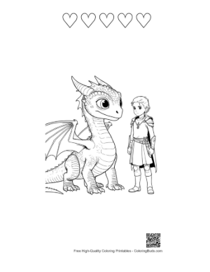 Thumbnail: Baby Dragon and Young Knight Standing Together Printable and 5 Heart Outline