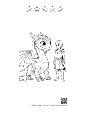 Thumbnail: Baby Dragon and Young Knight Standing Together Printable and 5 Star Outline