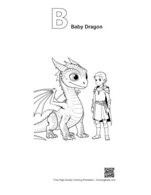 Thumbnail: Baby Dragon and Young Knight Standing Together Printable Outline Alphabet B Baby Dragon