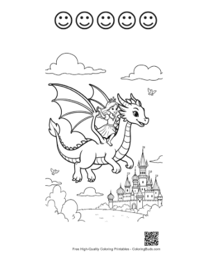 Thumbnail: Baby Dragon Flying Near a Fairytale Castle Printable and 5 Happy Face Outline