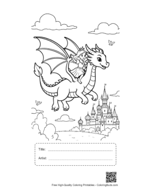 Thumbnail: Baby Dragon Flying Near a Fairytale Castle Printable with Title and Artist Box