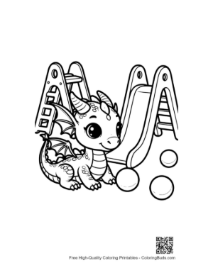 Thumbnail: Baby Dragon Playing on Backyard Slide Printable