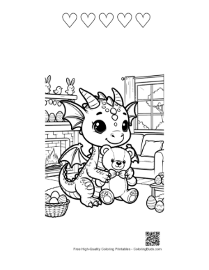 Thumbnail: Baby Dragon Resting with Stuffed Animal Printable and 5 Heart Outline