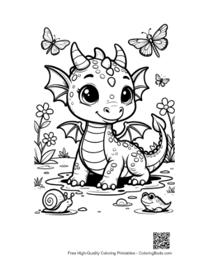 Thumbnail: Baby Dragon Smiling in Flower Meadow Printable