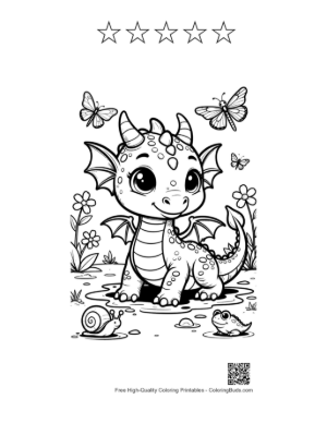 Thumbnail: Baby Dragon Smiling in Flower Meadow Printable and 5 Happy Face Outlines