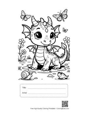 Thumbnail: Baby Dragon Smiling in Flower Meadow Printable with Title and Artist Box