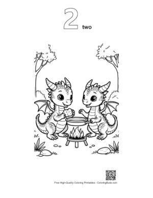 Thumbnail: Baby Dragon Teamwork at Campfire Printable Outline Number 2
