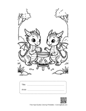 Thumbnail: Baby Dragon Teamwork at Campfire Printable with Title and Artist Box