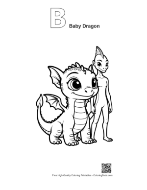 Thumbnail: Cute Baby Dragon with Playful Dragon Pal Printable Outline Alphabet B Baby Dragon
