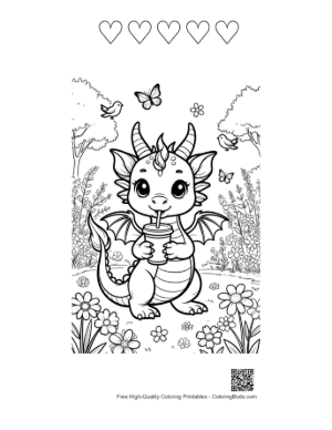 Thumbnail: Cute Dragon Holding a Refreshing Beverage Printable and 5 Heart Outline