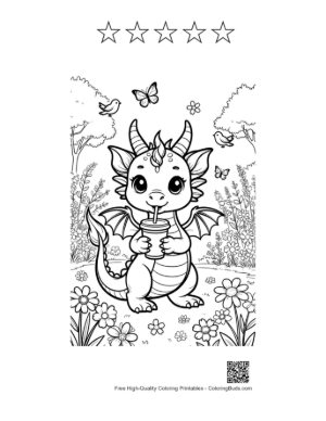 Thumbnail: Cute Dragon Holding a Refreshing Beverage Printable and 5 Star Outline