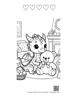 Thumbnail: Cute Dragon Holding Teddy Bear Tight Printable and 5 Heart Outline