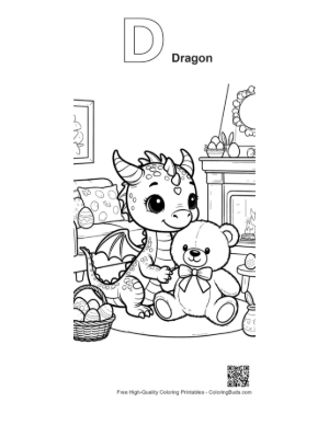 Thumbnail: Cute Dragon Holding Teddy Bear Tight Printable Outline Alphabet D Dragon