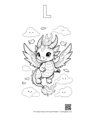 Thumbnail: Cute Fire Dragon Playing with a Butterfly Printable Outline Alphabet L