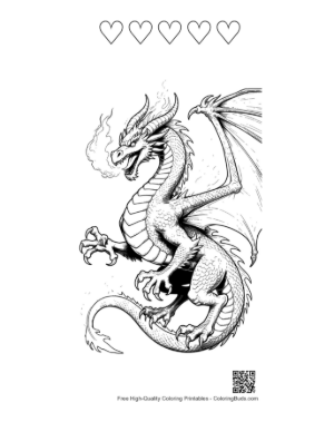 Thumbnail: Fierce Fire Dragon Roaring in Flight Printable and 5 Heart Outline