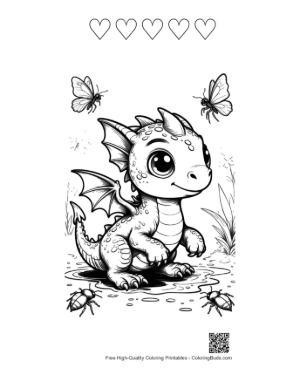 Thumbnail: Free Baby Dragon to Color Printable and 5 Heart Outline