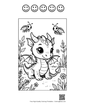 Thumbnail: Happy Dragon Sitting Among Spring Flowers Printable and 5 Star Outline