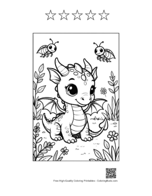 Thumbnail: Happy Dragon Sitting Among Spring Flowers Printable and 5 Star Outline