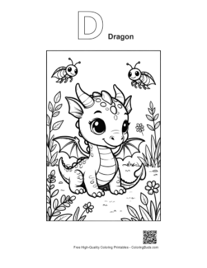 Thumbnail: Happy Dragon Sitting Among Spring Flowers Printable Outline Alphabet D Dragon