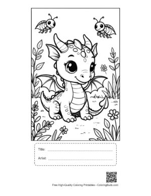 Thumbnail: Happy Dragon Sitting Among Spring Flowers Printable with Title and Artist Box