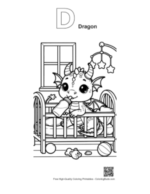 Thumbnail: Little Dragon Resting in Cozy Nursery Printable Outline Alphabet D Dragon