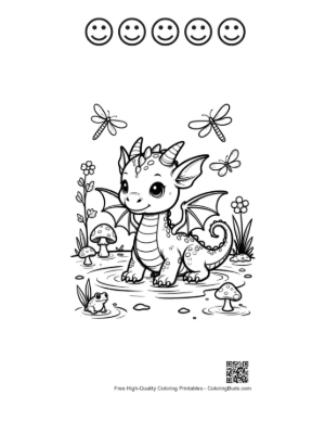 Thumbnail: Little Dragon Watching Butterfly in Nature Printable and 5 Happy Face Outline