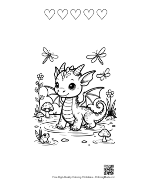 Thumbnail: Little Dragon Watching Butterfly in Nature Printable and 5 Heart Outline