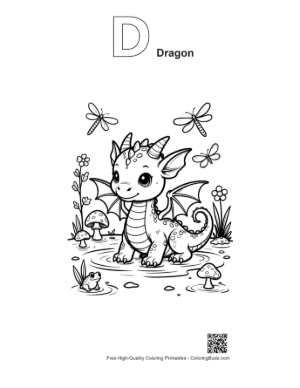 Thumbnail: Little Dragon Watching Butterfly in Nature Printable Outline Alphabet D Dragon