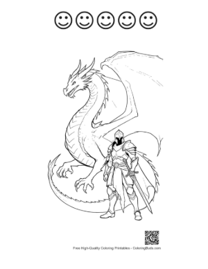 Thumbnail: Mighty Fire Dragon and Knight Line Art Printable and 5 Happy Face Outline