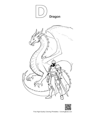 Thumbnail: Mighty Fire Dragon and Knight Line Art Printable Outline Alphabet D Dragon
