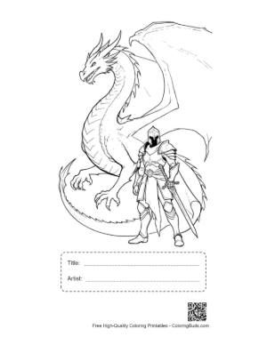 Thumbnail: Mighty Fire Dragon and Knight Line Art Printable with Title and Artist Box