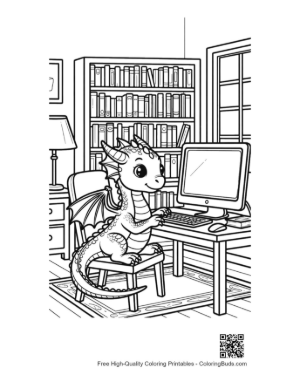 Thumbnail: Small Dragon Playing Computer Games Printable