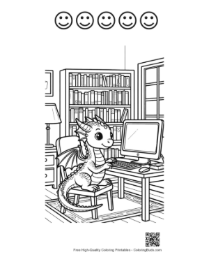 Thumbnail: Small Dragon Playing Computer Games Printable and 5 Happy Face Outline