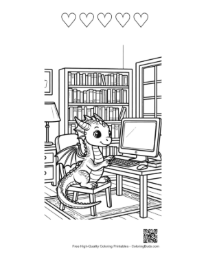 Thumbnail: Small Dragon Playing Computer Games Printable and 5 Heart Outline