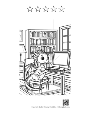 Thumbnail: Small Dragon Playing Computer Games Printable and 5 Happy Face Outline
