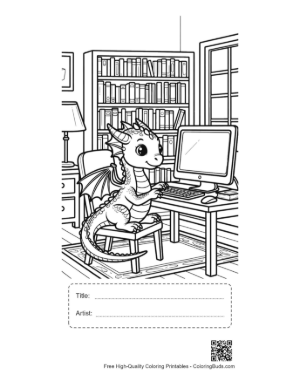 Thumbnail: Small Dragon Playing Computer Games Printable with Title and Artist Box