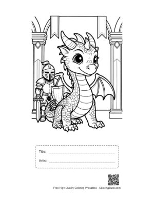 Thumbnail: Small Fire Dragon Standing with a Knight Printable with Title and Artist Box