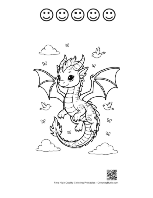 Thumbnail: Small Winged Dragon Flying in a Sunny Sky Printable and 5 Happy Face Outline
