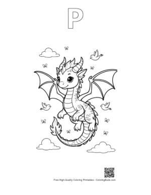 Thumbnail: Small Winged Dragon Flying in a Sunny Sky Printable Outline Alphabet P