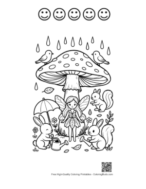 Thumbnail: Adorable Fairy Resting on a Mushroom in the Rain Printable and 5 Happy Face Outline